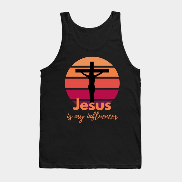 Jesus is my influencer. Retro Sunset with Silhouette Cross Tank Top by Brasilia Catholic